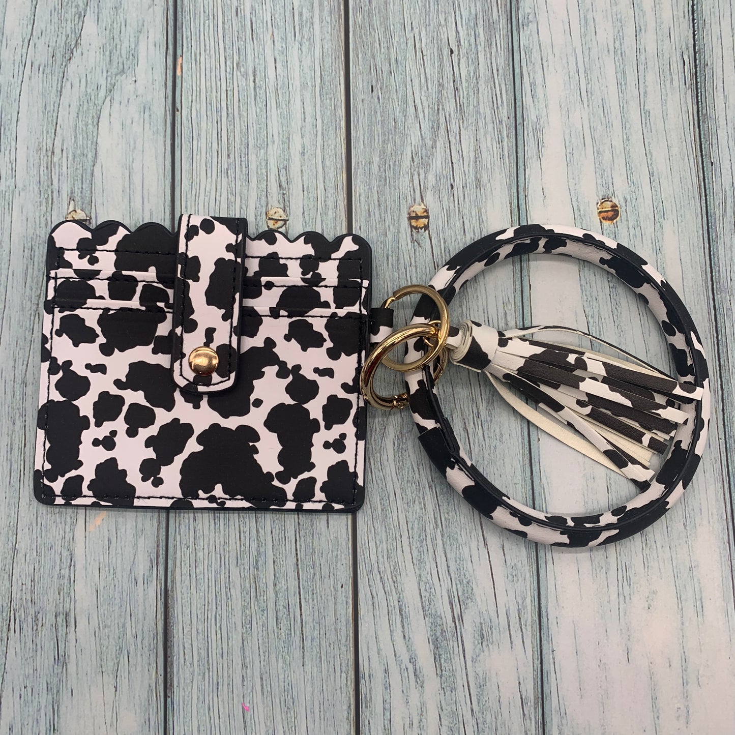 Cow Print Wristlet Wallet Keychain Black and White Card Holder for Women and Teens