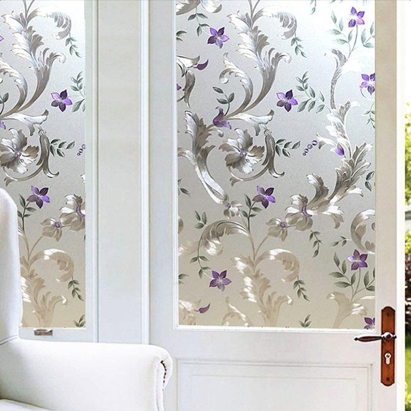 Iris Flower Frosted Non Adhesive Decorative Window Film (17.5x78.5 inch)