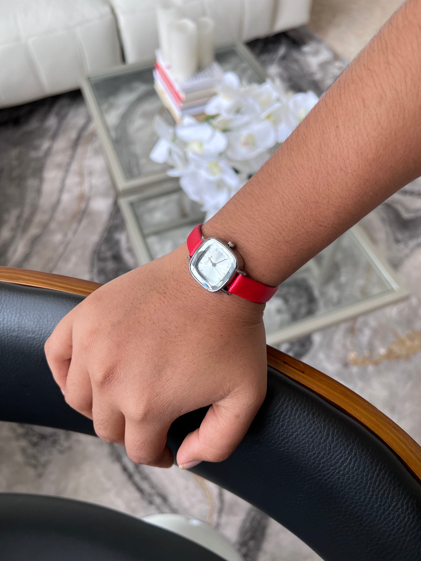 Red Leather Watch for Women Slim Design with Mother of Pearl Face and Crystal Markers