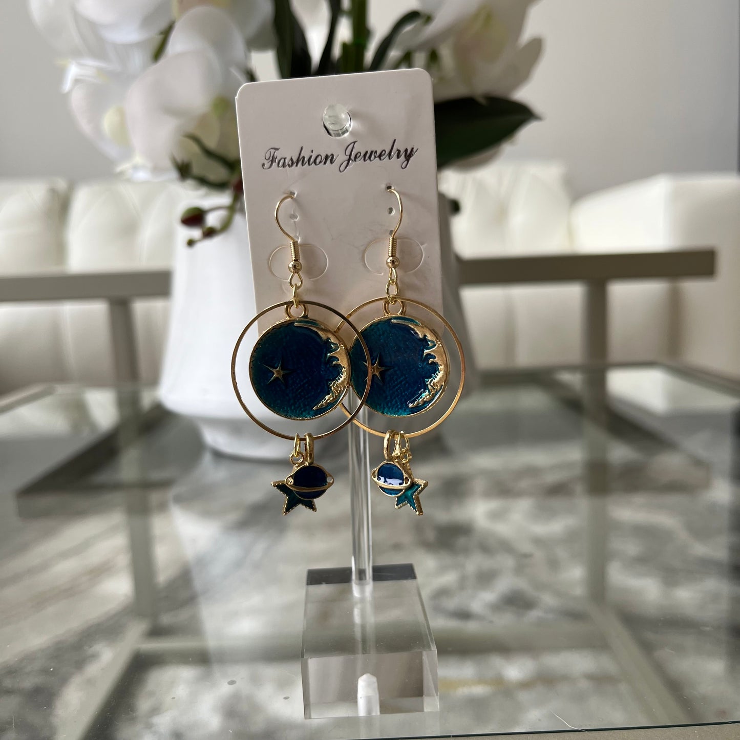 Heart Asymmetric Blue Starry Sky Moon Universe Planet Earrings