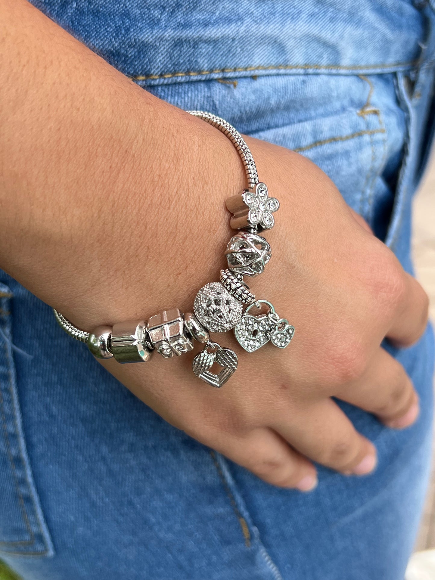 Silver Charm Bracelet β Adjustable Snake Chain with Dangling Charms π