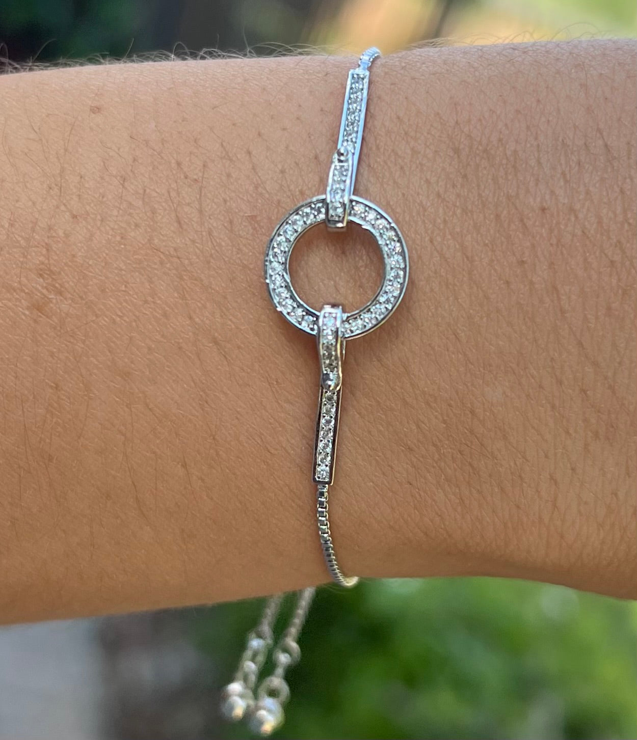 Silver Geometric Bracelet with Full Diamond Ring – Simple Titanium Steel Hand Jewelry for Women
