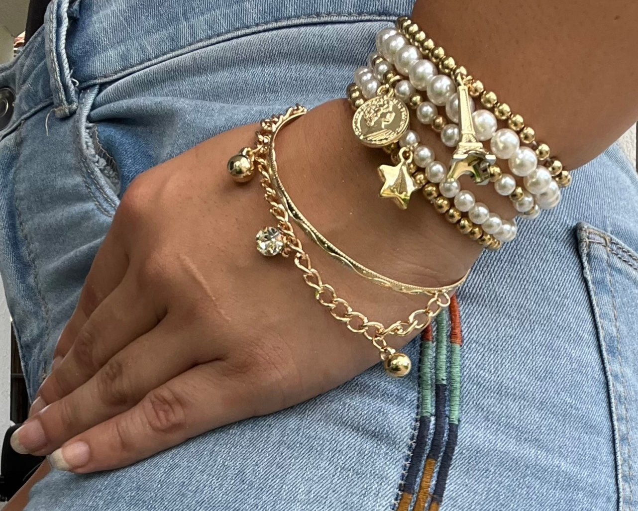 Pearl Vintage Bracelet Coin Six-piece Jewelry Multi-layer Elastic Bracelet