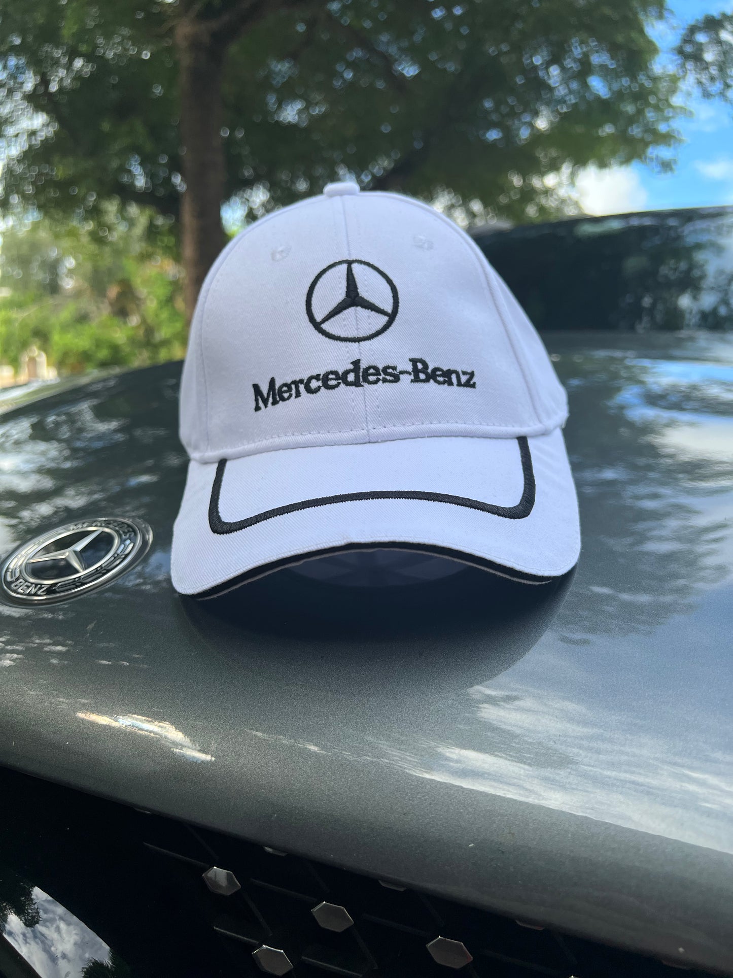 White MERCEDES-BENZ Cap Adjustable Embroidered Black Logo, Stripe, and Trim Car Hat