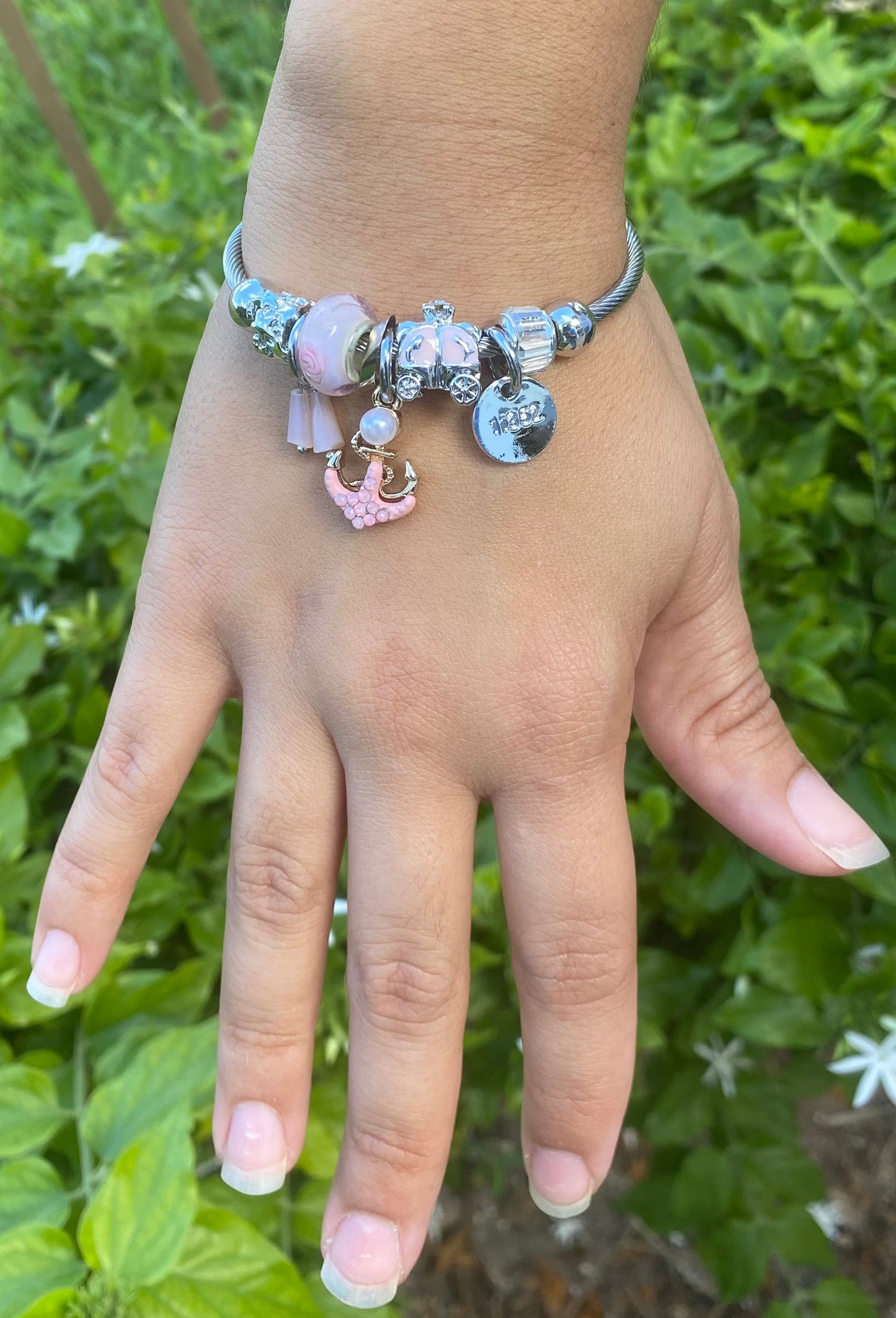 Silver Bangle Bracelet with Pink Charms and Anchor