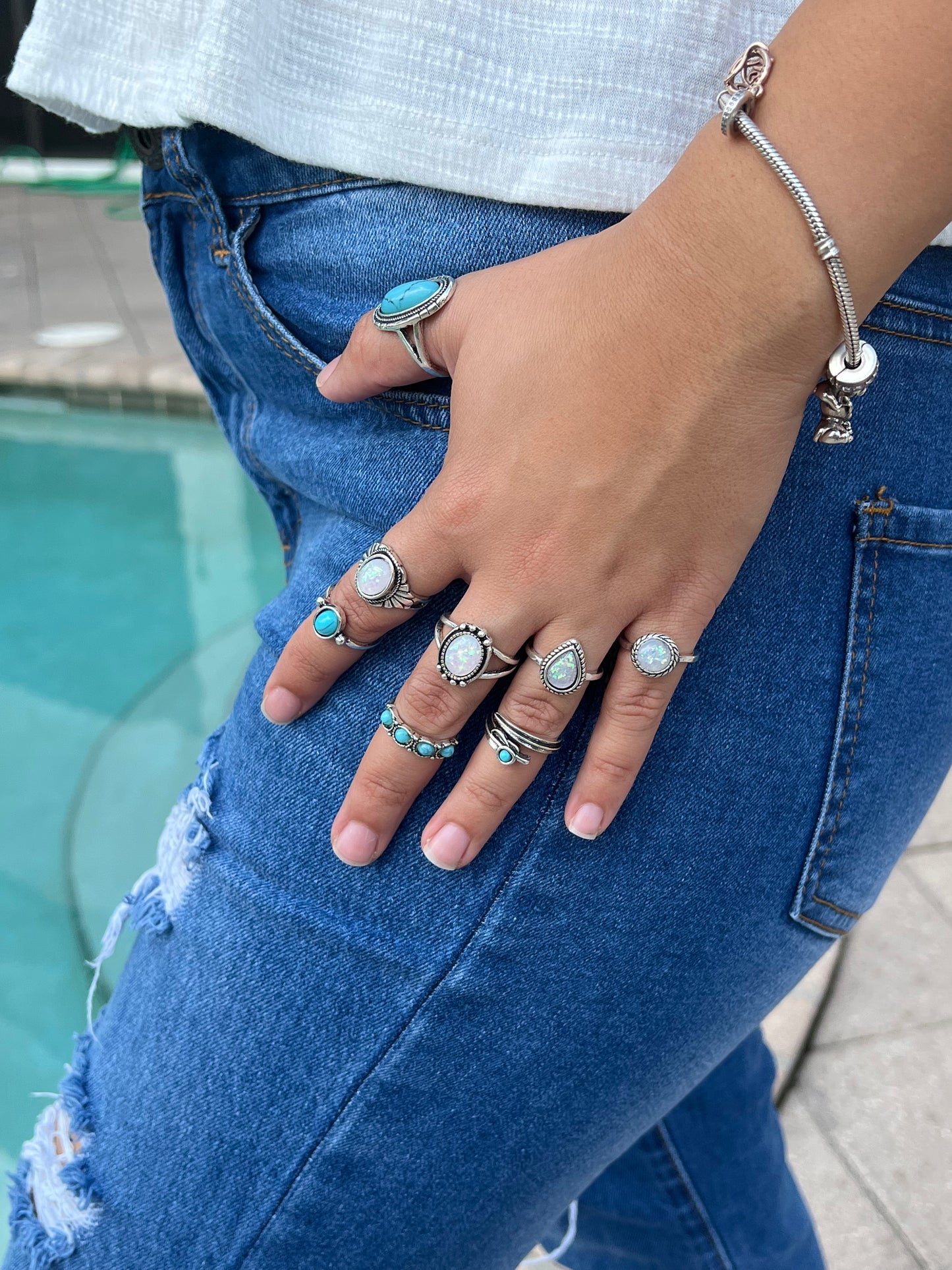 Vintage Alloy Inlaid Turquoise Geometric Ring Set of 8 silver