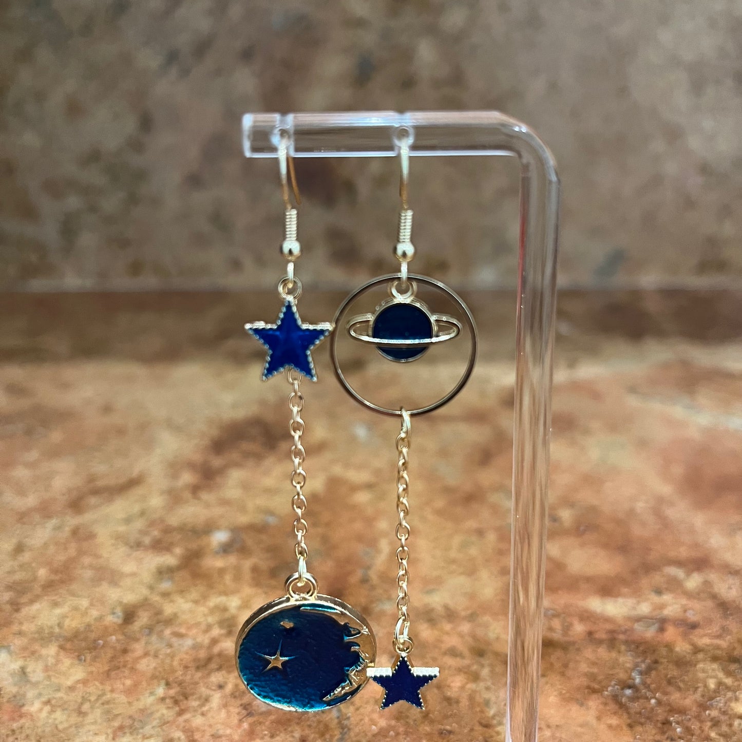 Gold-Plated Moon Star Earth Planet Asymmetrical Earrings β Chic Long Pendant Dangle Jewelry for Women
