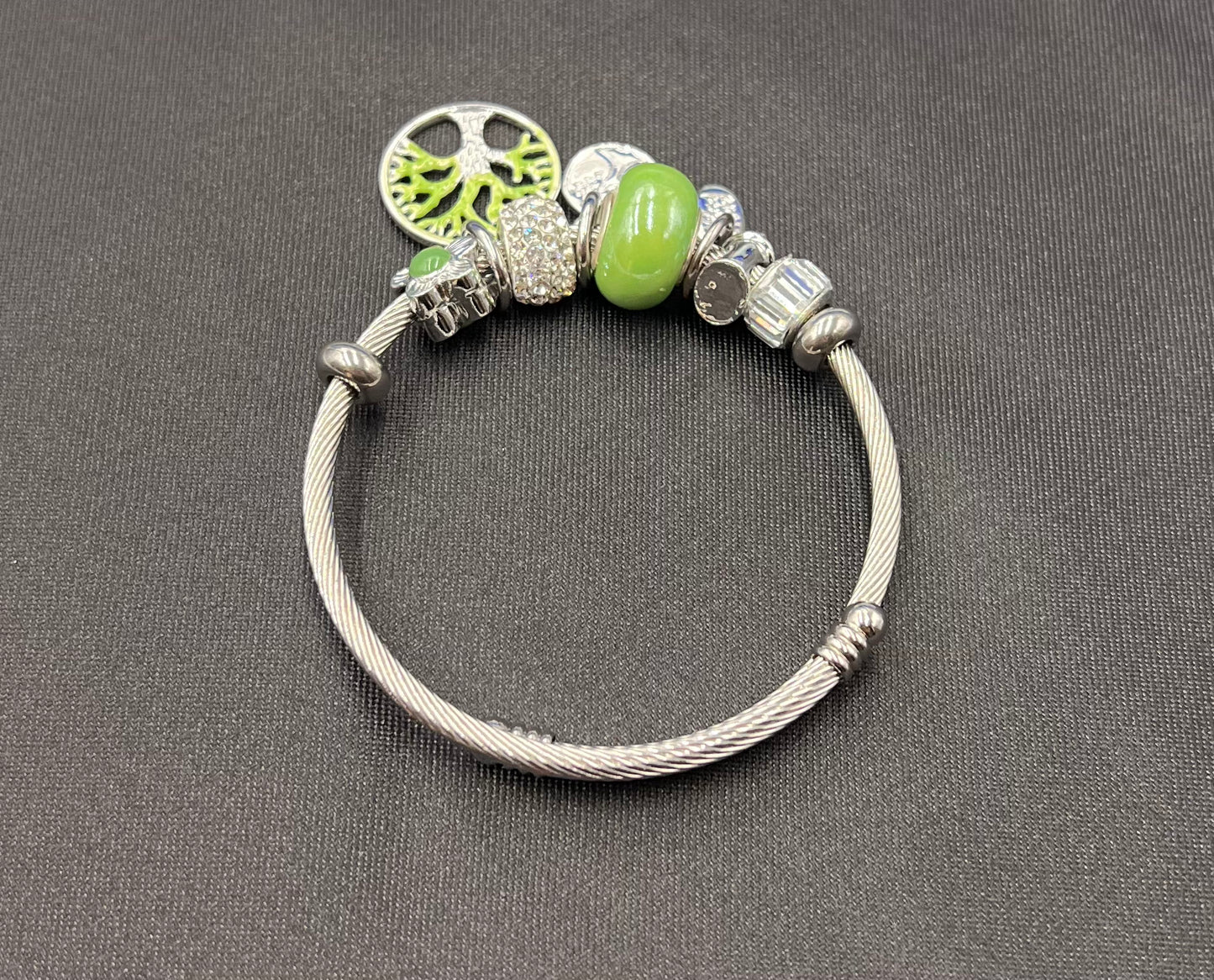 Silver Bangle Bracelet with Green Beads & Tree of Life Charm