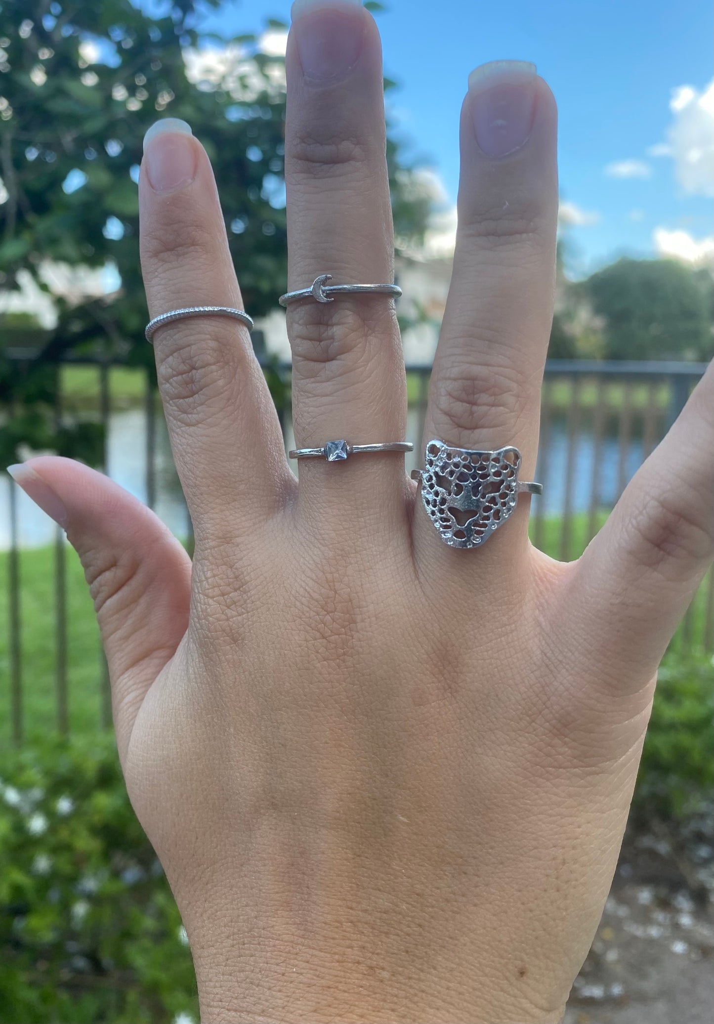 4-Piece Silver-Toned Ring Set with Crystal, Mermaid Tail, Tiger & Plain Design