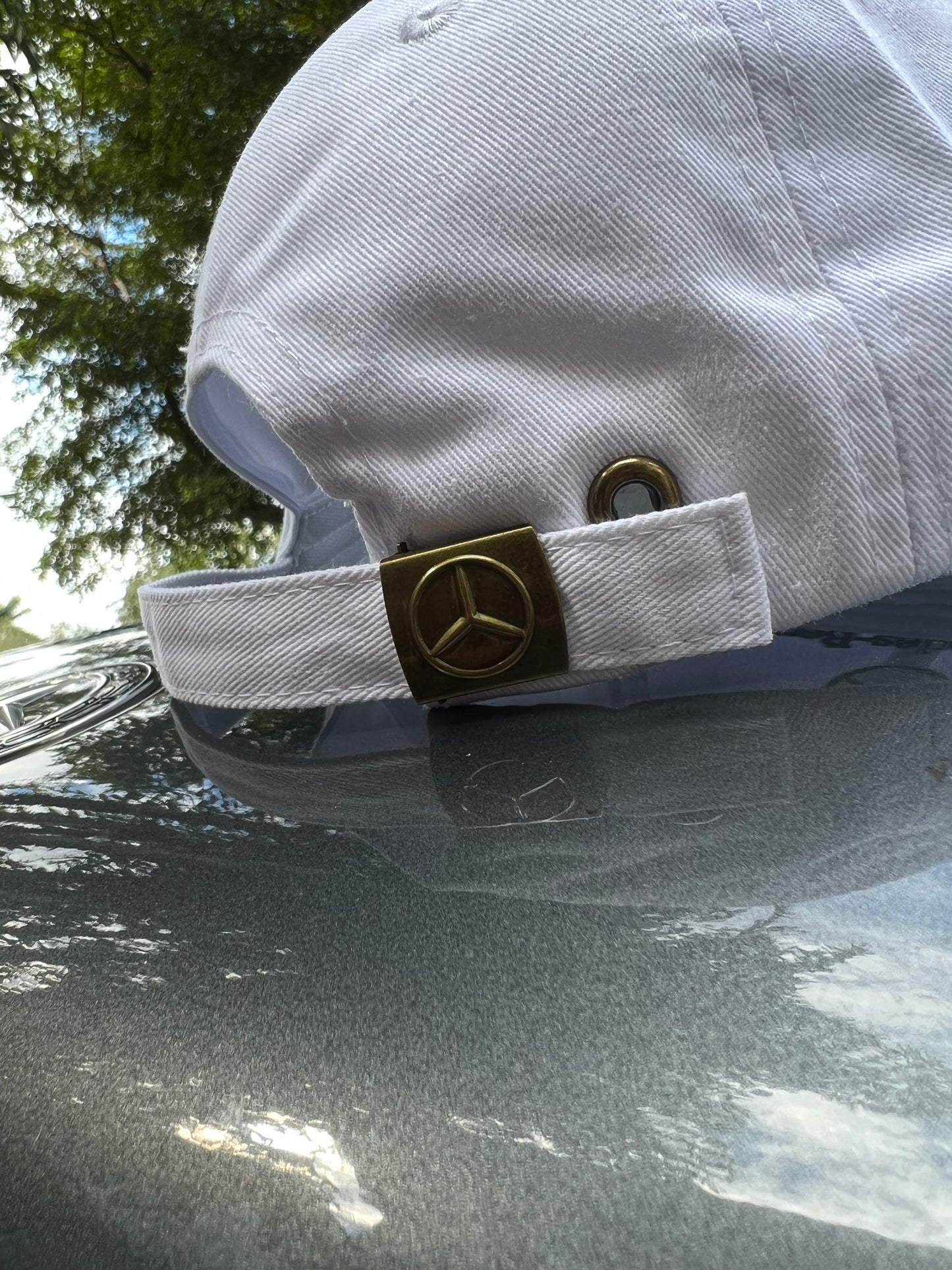 White MERCEDES-BENZ Cap Adjustable Embroidered Black Logo, Stripe, and Trim Car Hat
