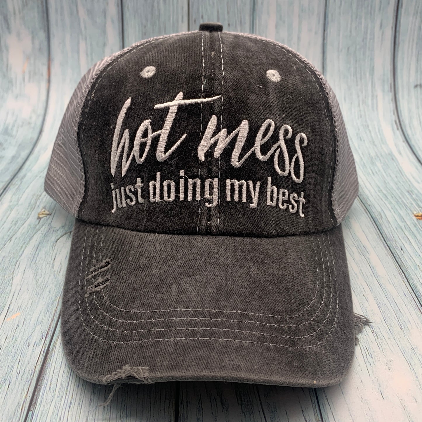 Hot Mess Ponytail Hat – Distressed Criss-Cross Baseball Cap with Velcro Closure