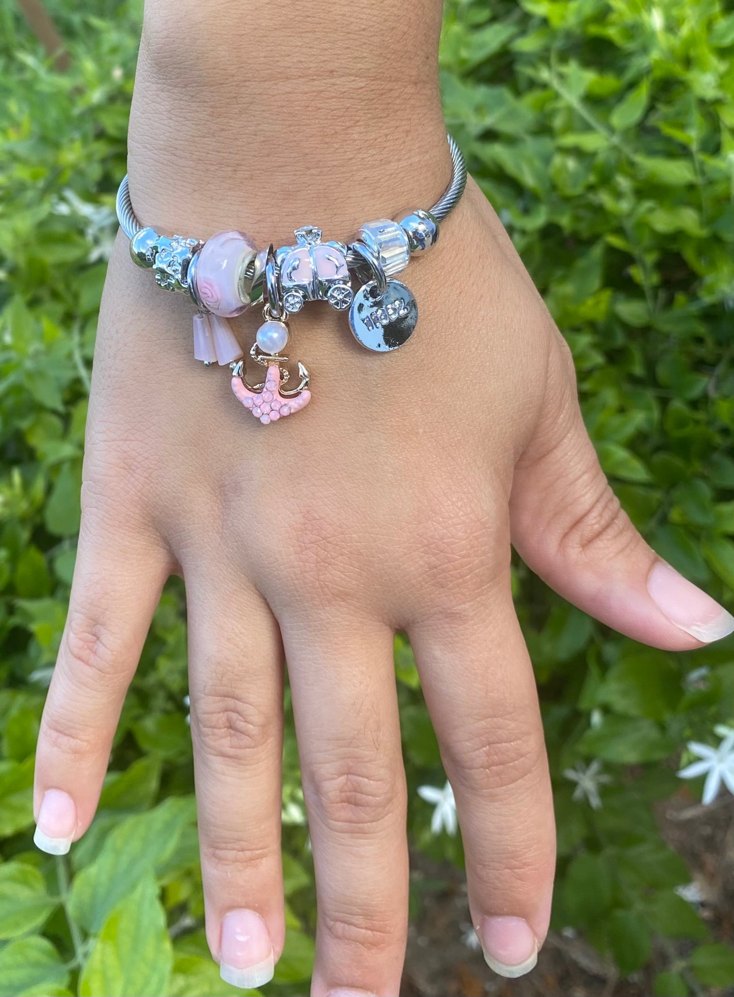 Silver Bangle Bracelet with Pink Charms and Anchor