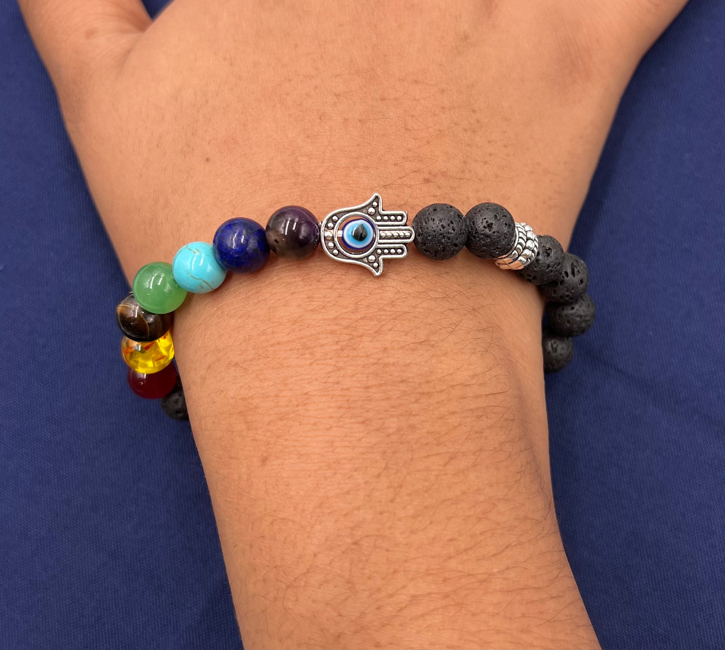 Lava Black Onyx Evil Eye Bracelet β 8mm Unisex Protection Bracelet with 7 Chakra Healing Stones for Energy & Luck
