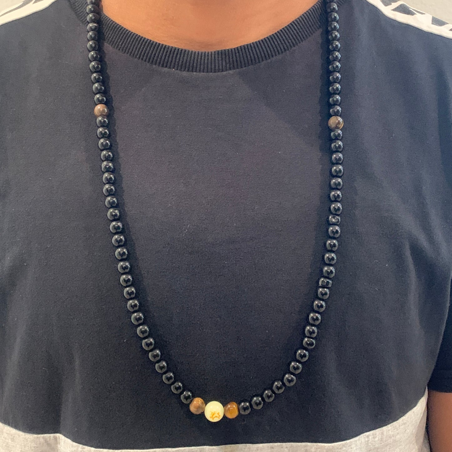 Black Onyx Men’s Necklace – 14” Beaded Mala Chain for EMF Protection & Energy Shielding