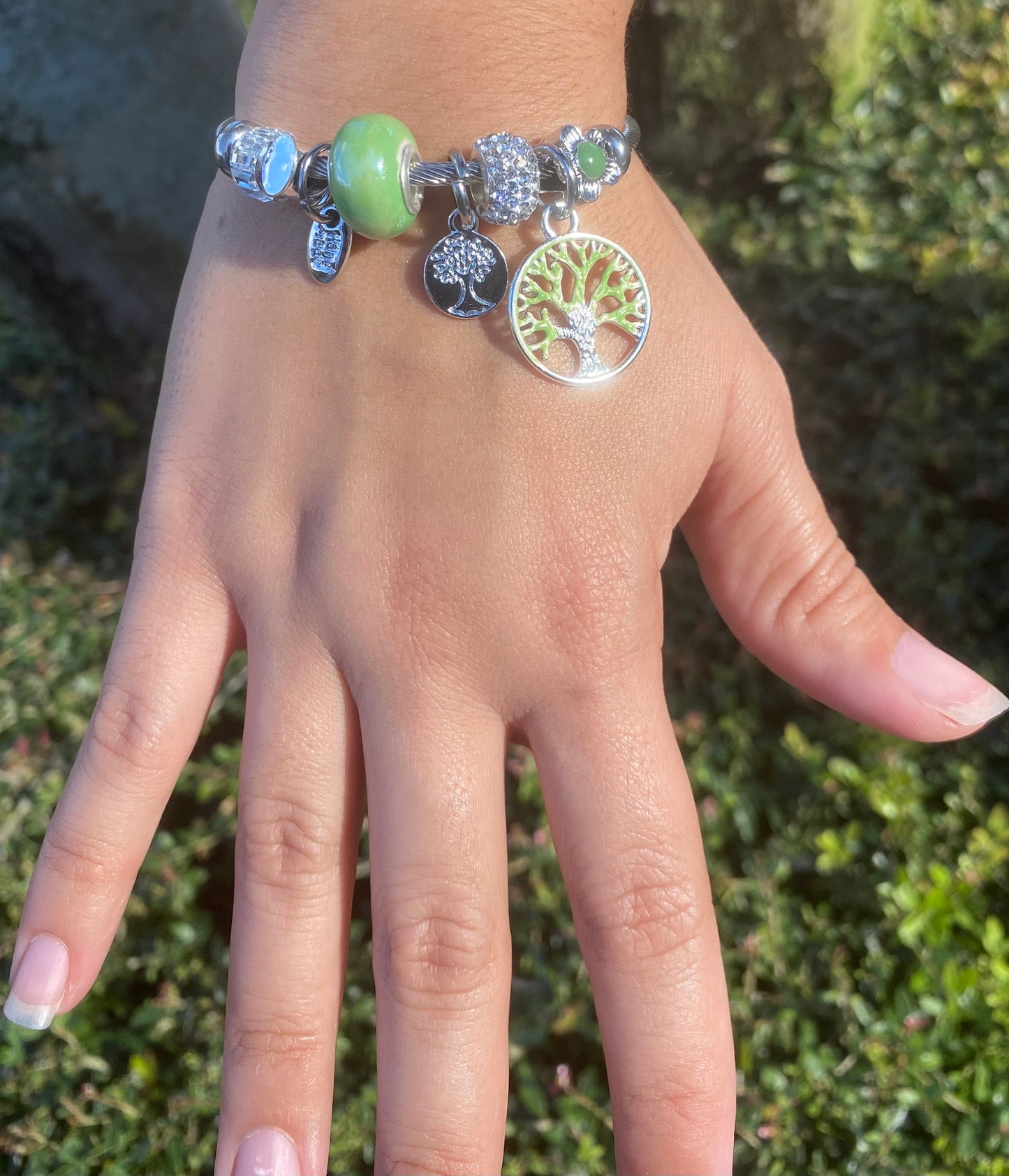Silver Bangle Bracelet with Green Beads & Tree of Life Charm