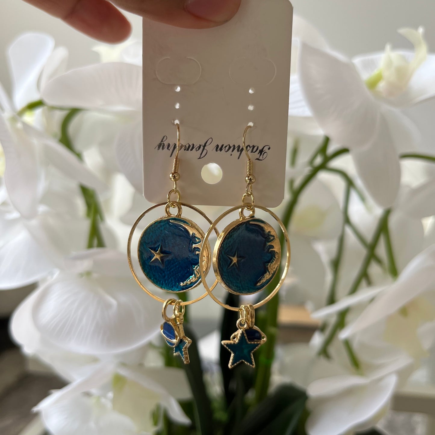 Heart Asymmetric Blue Starry Sky Moon Universe Planet Earrings