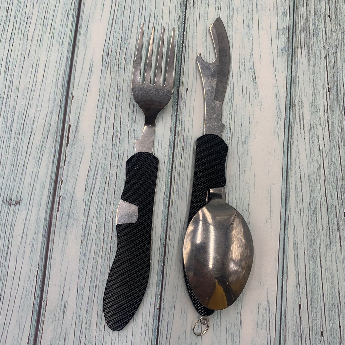 4-in-1 Black Stainless Steel Camping Utensil – Eco-Friendly Detachable Travel Flatware