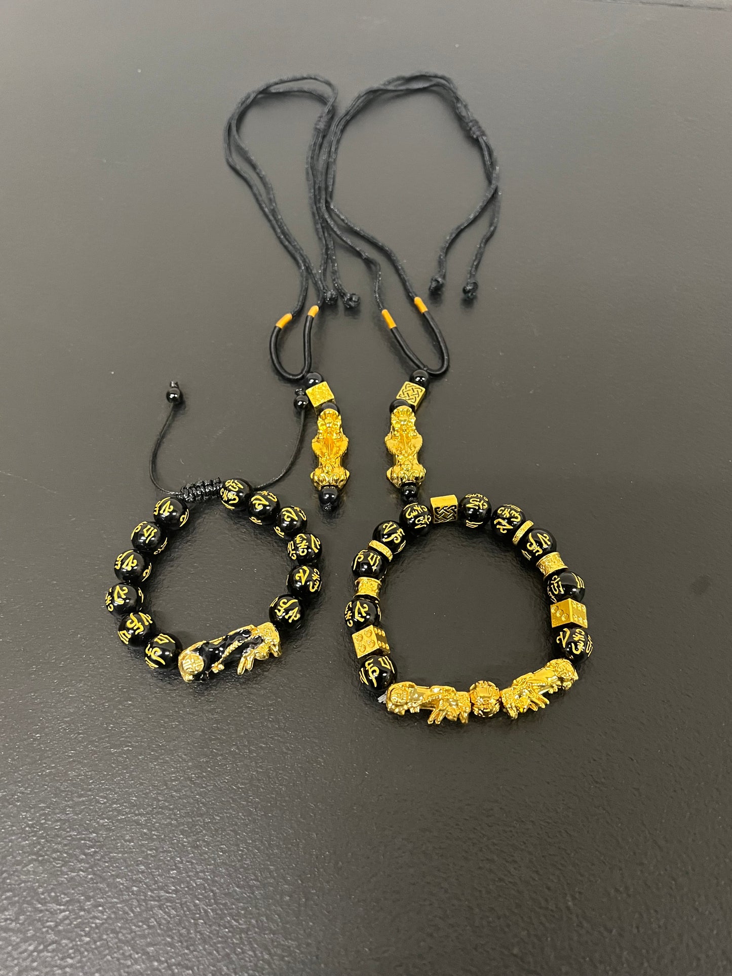 4Pcs Pi Xiu Obsidian Feng Shui Bracelet & Necklace Set β Wealth, Luck, Protection Amulet Jewelry