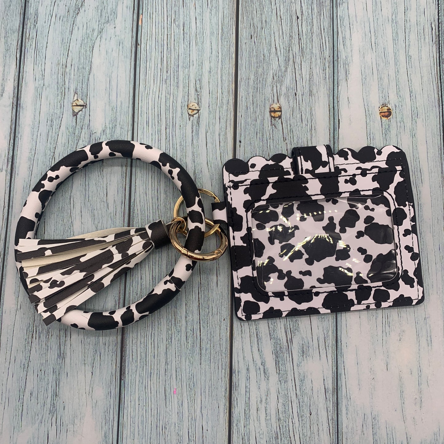 Cow Print Wristlet Wallet Keychain Black and White Card Holder for Women and Teens