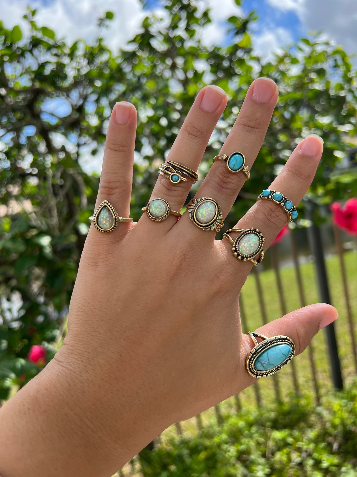 Vintage Alloy Inlaid Turquoise Geometric Ring Set of 8 bronze
