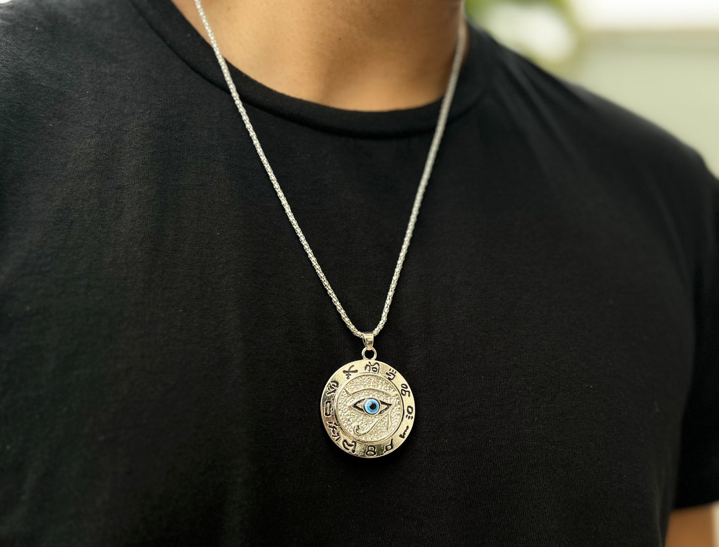 Silver Eye of Horus Necklace – 24" Stainless Steel Chain with Round Egyptian Protection Pendant