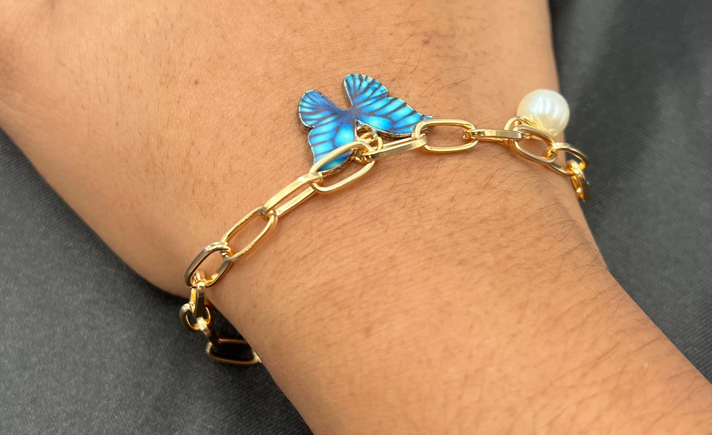 Gold Plated Chain Bracelet – Blue Butterfly Charm & Real Pearl Accent