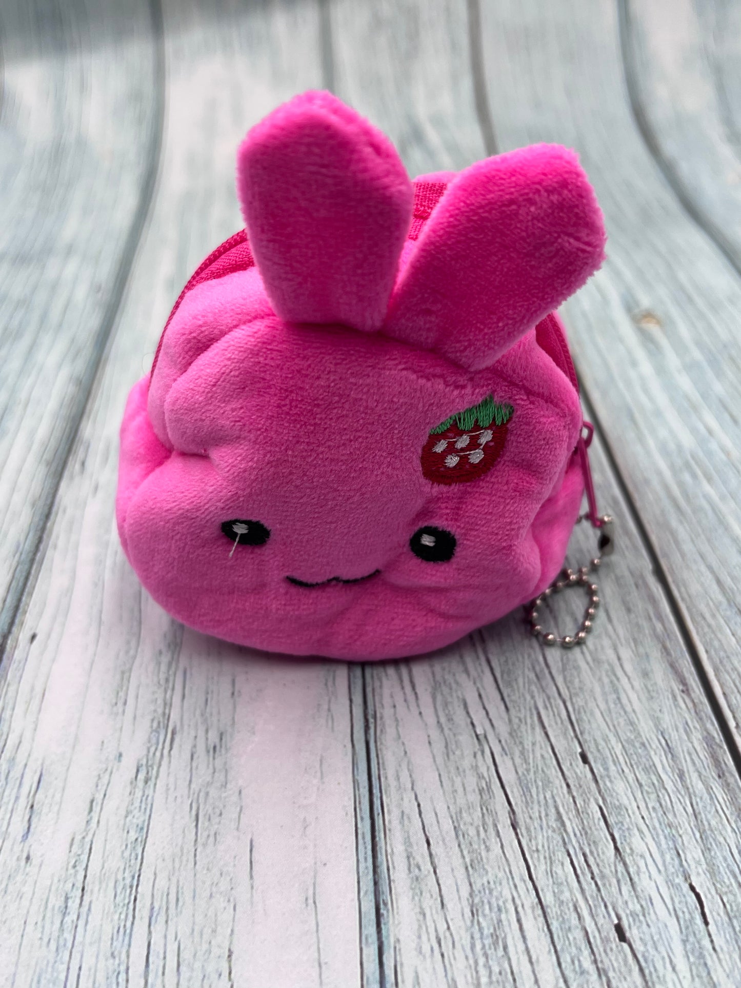 Pink Rabbit Plush Coin Purse with Strawberry β 3D Cartoon Wallet & Key Holder for Girls