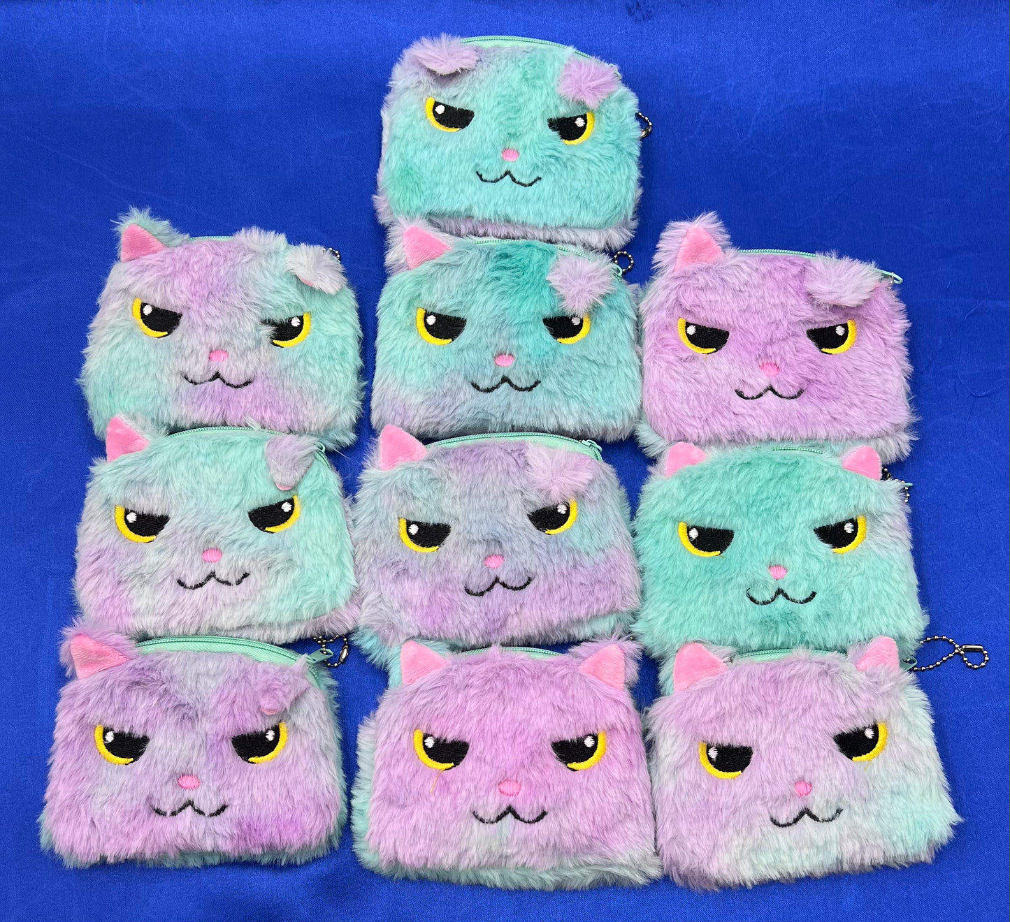 Cat Coin Purse β Tie Dye Rainbow Plush Zipper Wallet with Keychain (Blue-Purple) | Cute Mini Cat Pouch for Girls, Women & Kids