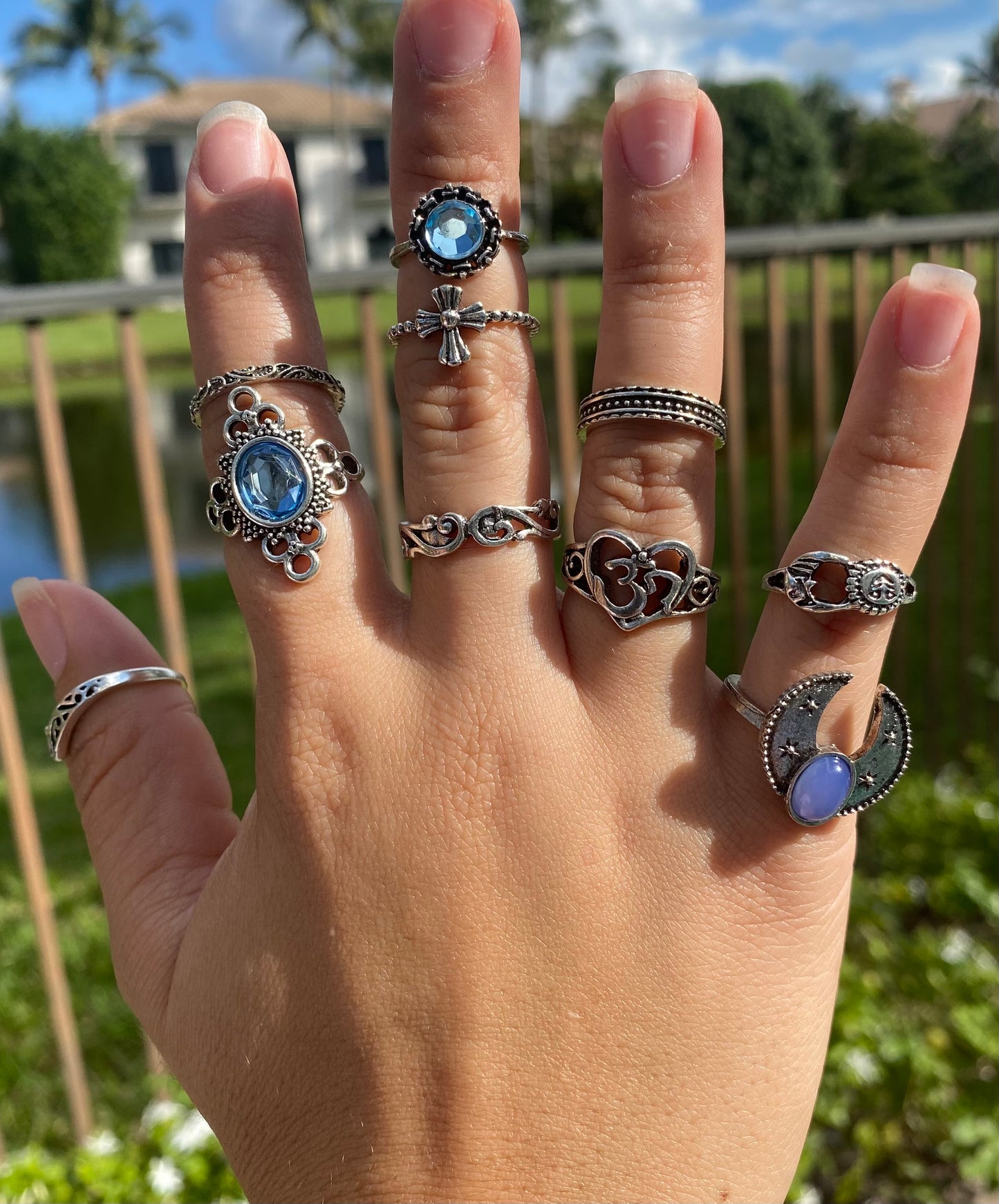 10-Piece Vintage Ring Set for Women β Blue Diamond, Horn, Cross & Sun Boho Designs