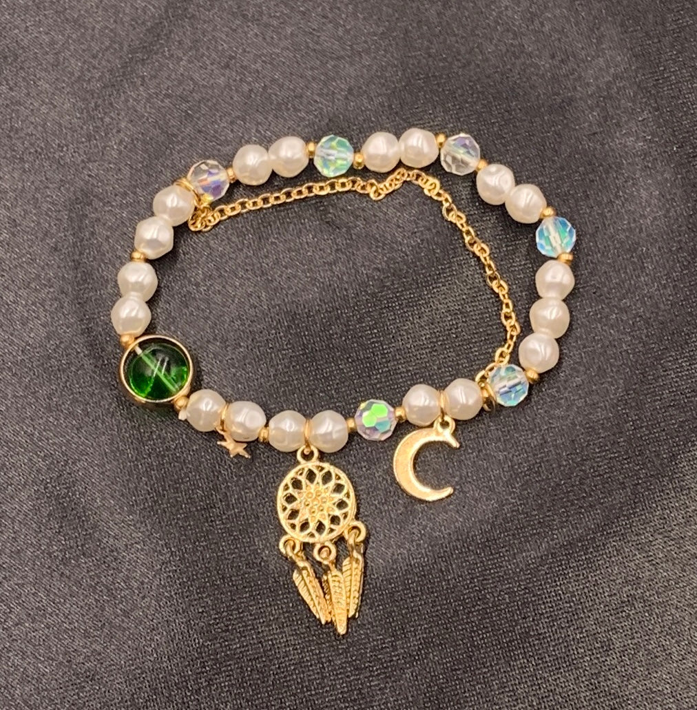 Simple Double Pearl Dream Catcher Pendant Crystal Bracelet
