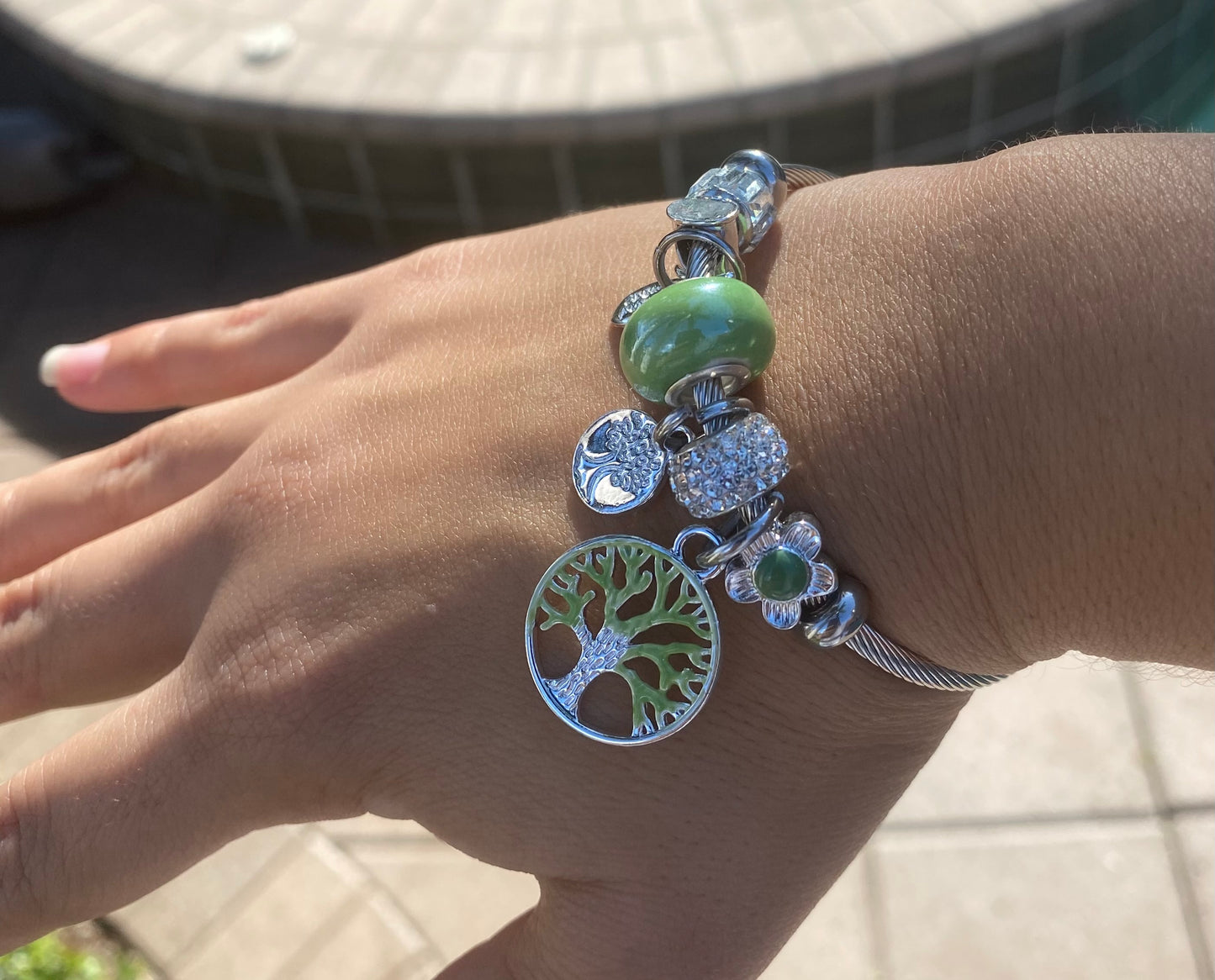 Silver Bangle Bracelet with Green Beads & Tree of Life Charm