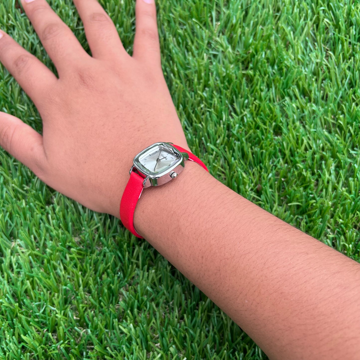 Red Leather Watch for Women Slim Design with Mother of Pearl Face and Crystal Markers