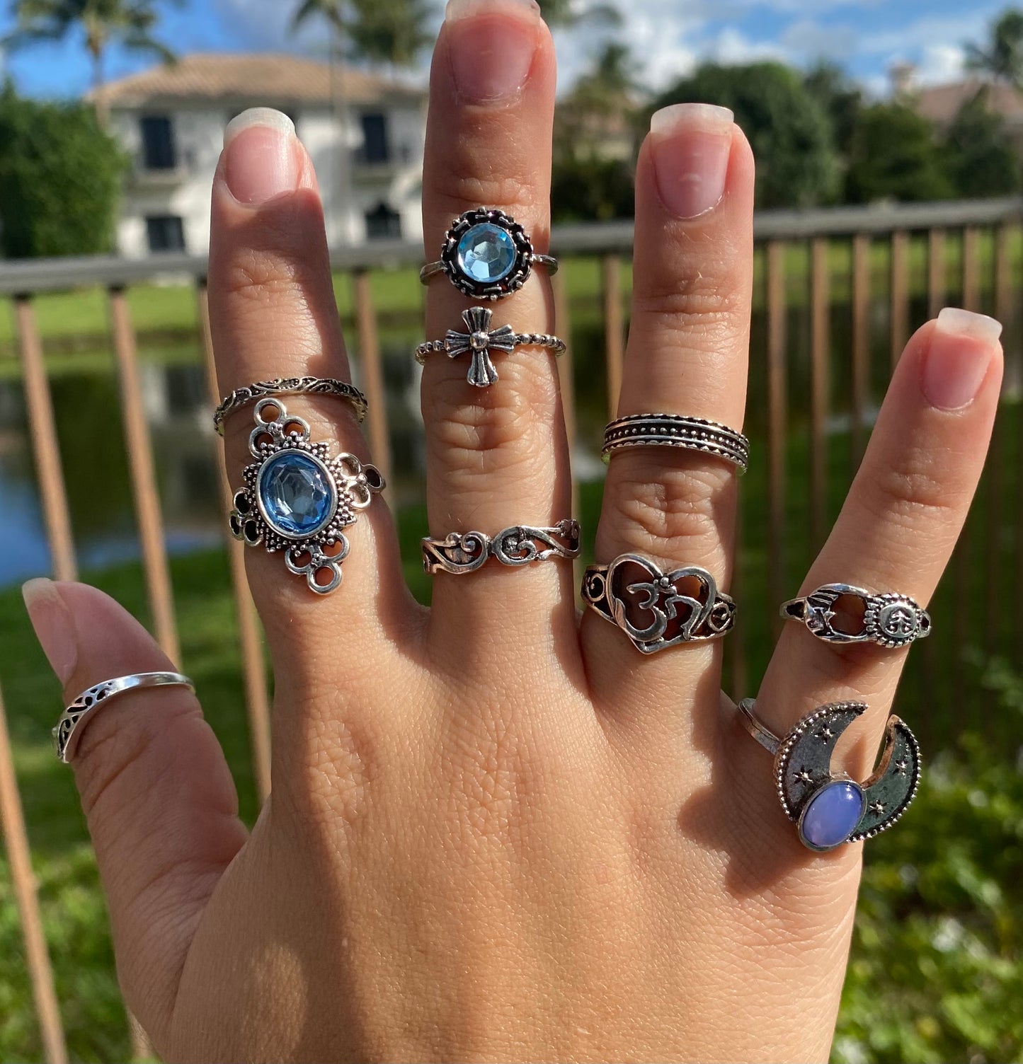 10-Piece Vintage Ring Set for Women β Blue Diamond, Horn, Cross & Sun Boho Designs