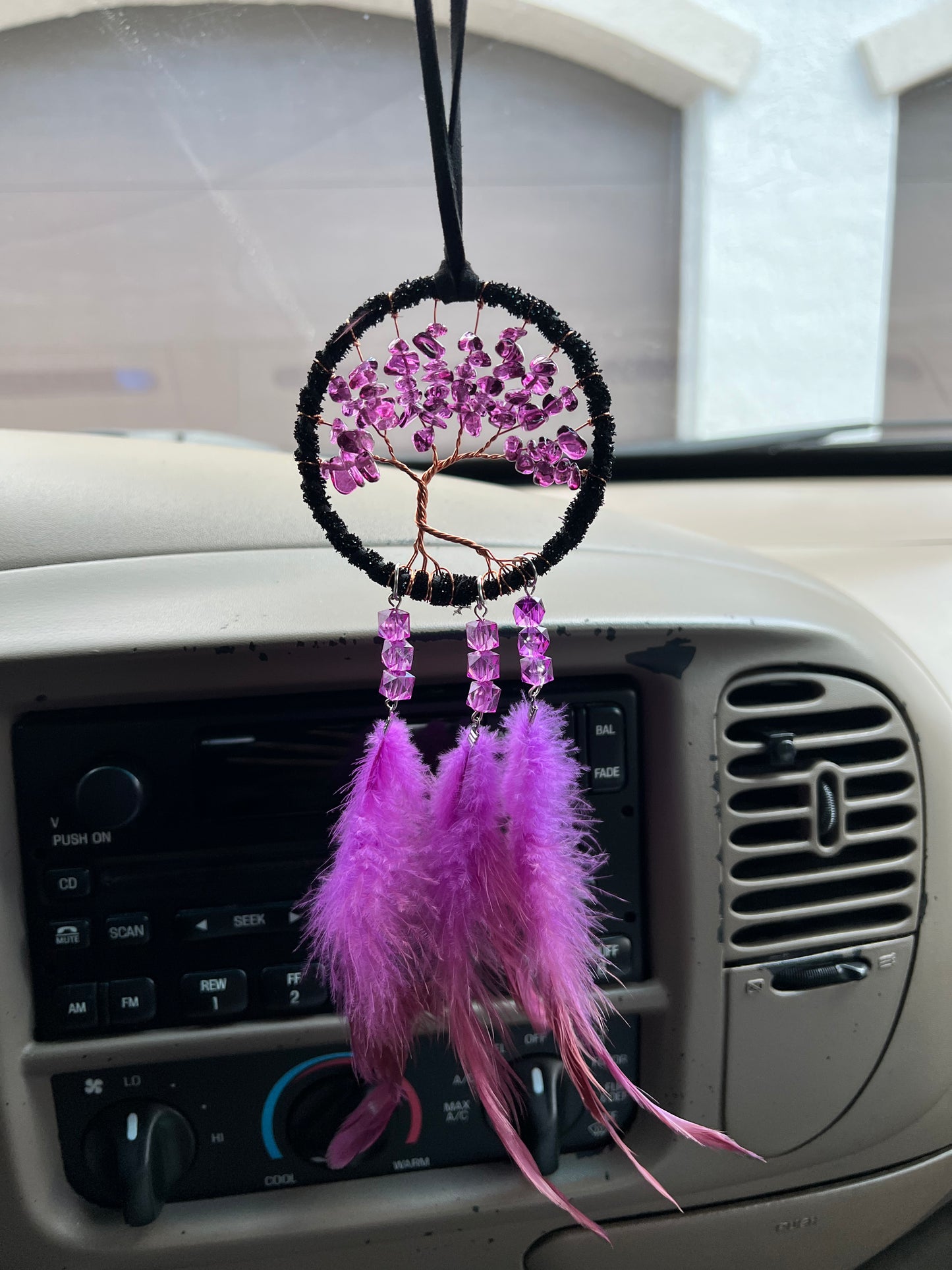 Tree of Life Dream Catcher for Car – Purple Feather Rear View Mirror Hanging Ornament | Crystal Small Dreamcatcher Pendant for Aesthetic & Protection