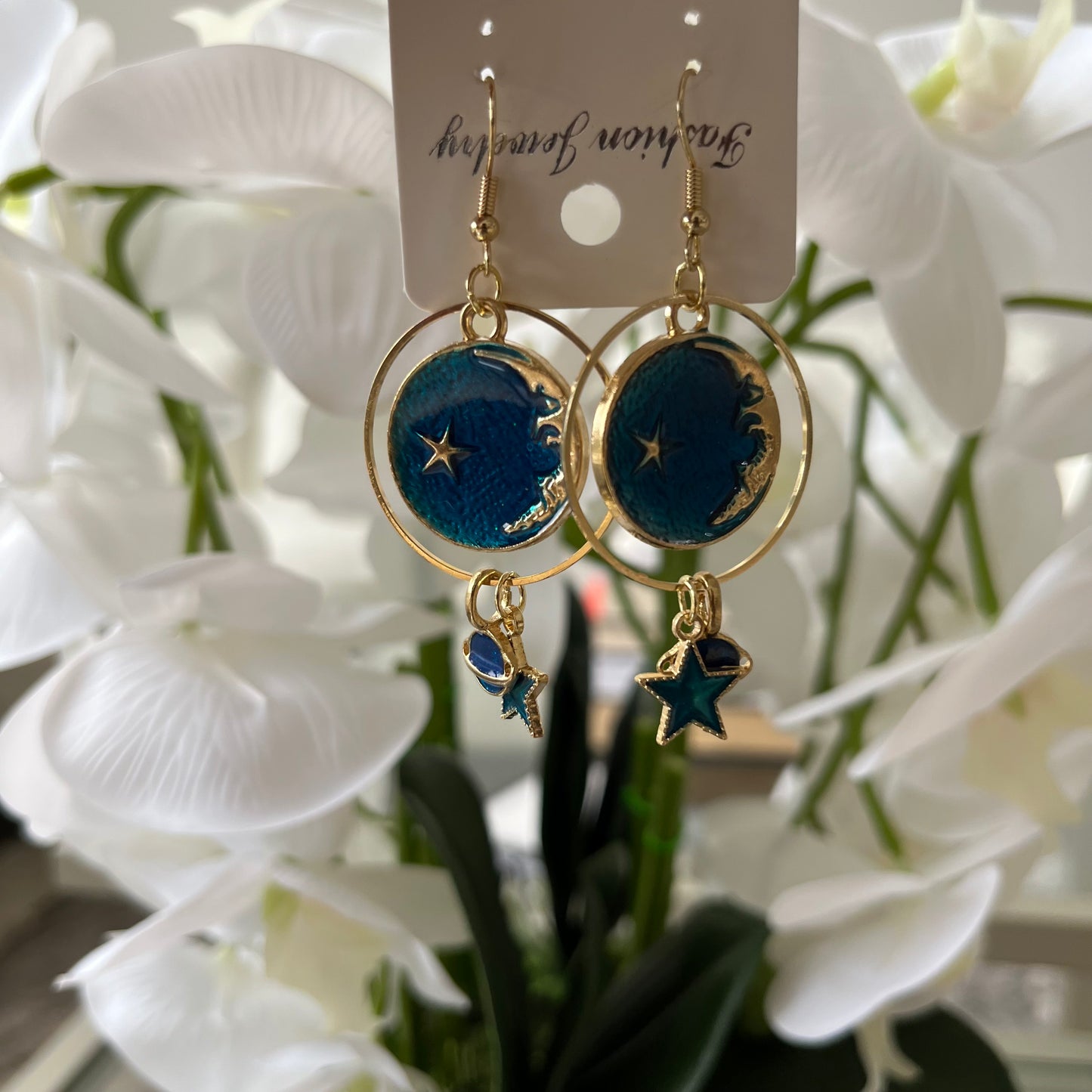 Heart Asymmetric Blue Starry Sky Moon Universe Planet Earrings