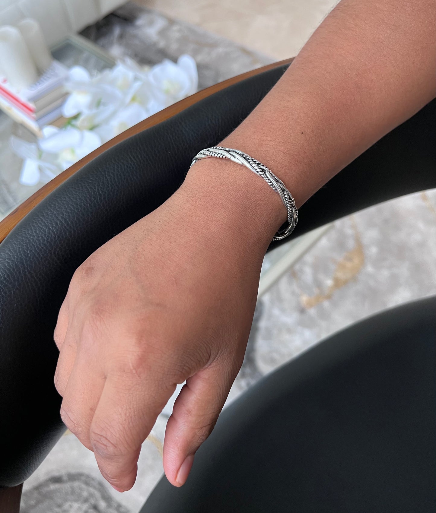Silver Mens Bracelet Thai Handmade Vintage Open Bangle Twisted Cuff Bracelets