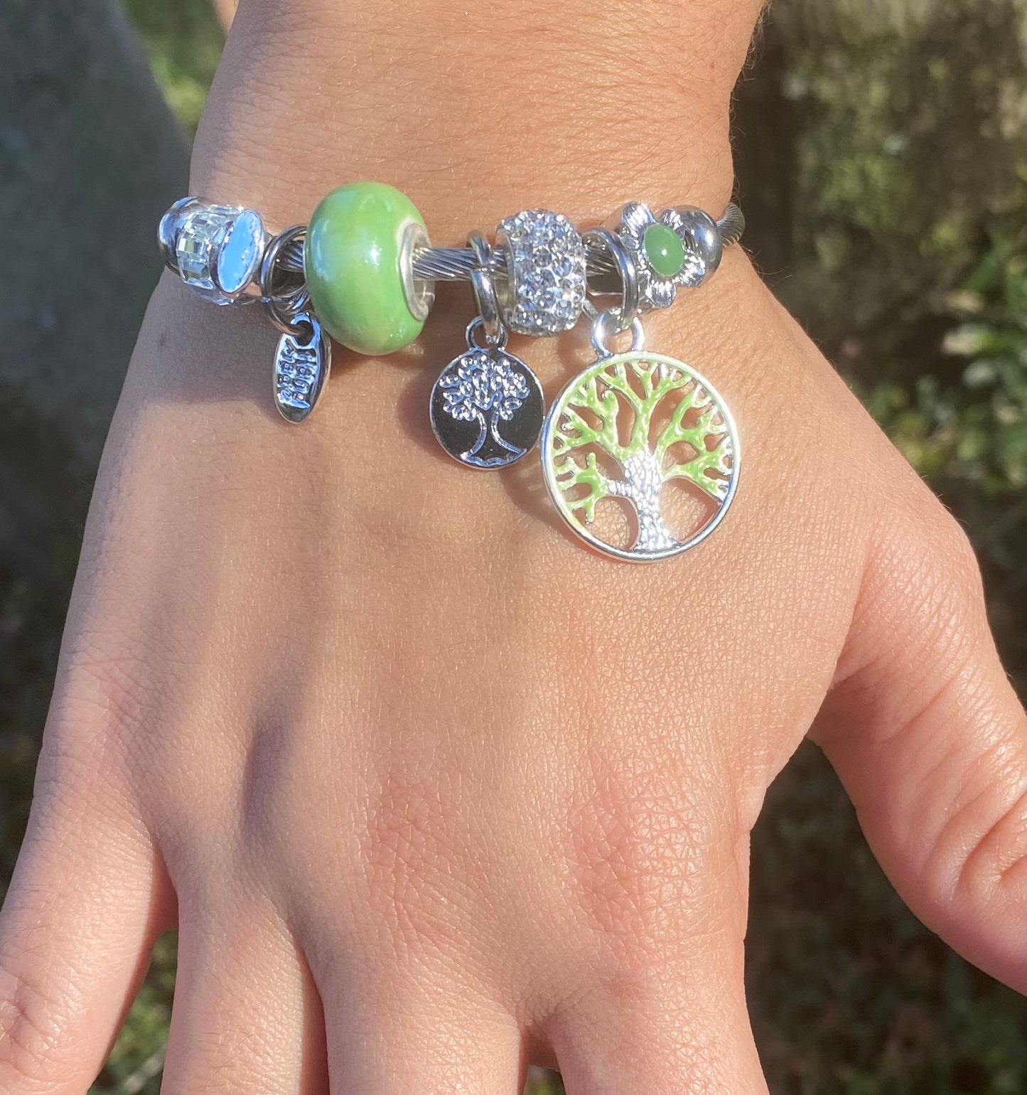 Silver Bangle Bracelet with Green Beads & Tree of Life Charm