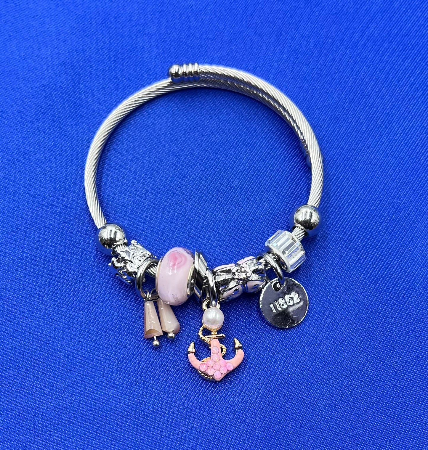 Silver Bangle Bracelet with Pink Charms and Anchor