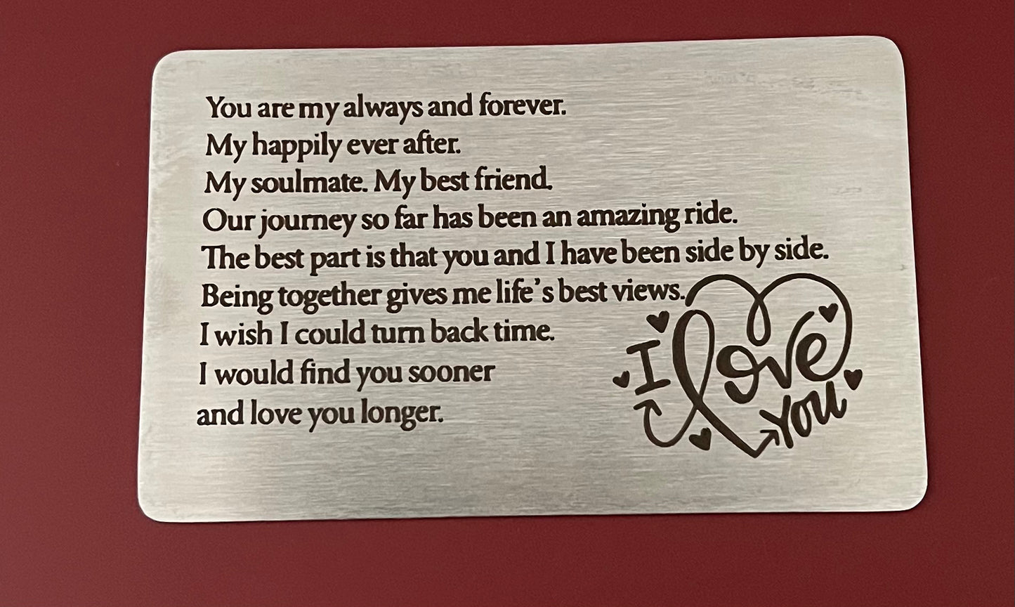 Engraved Metal Wallet Insert Card Anniversary, Love Note, Deployment Christmas Gift Happily
