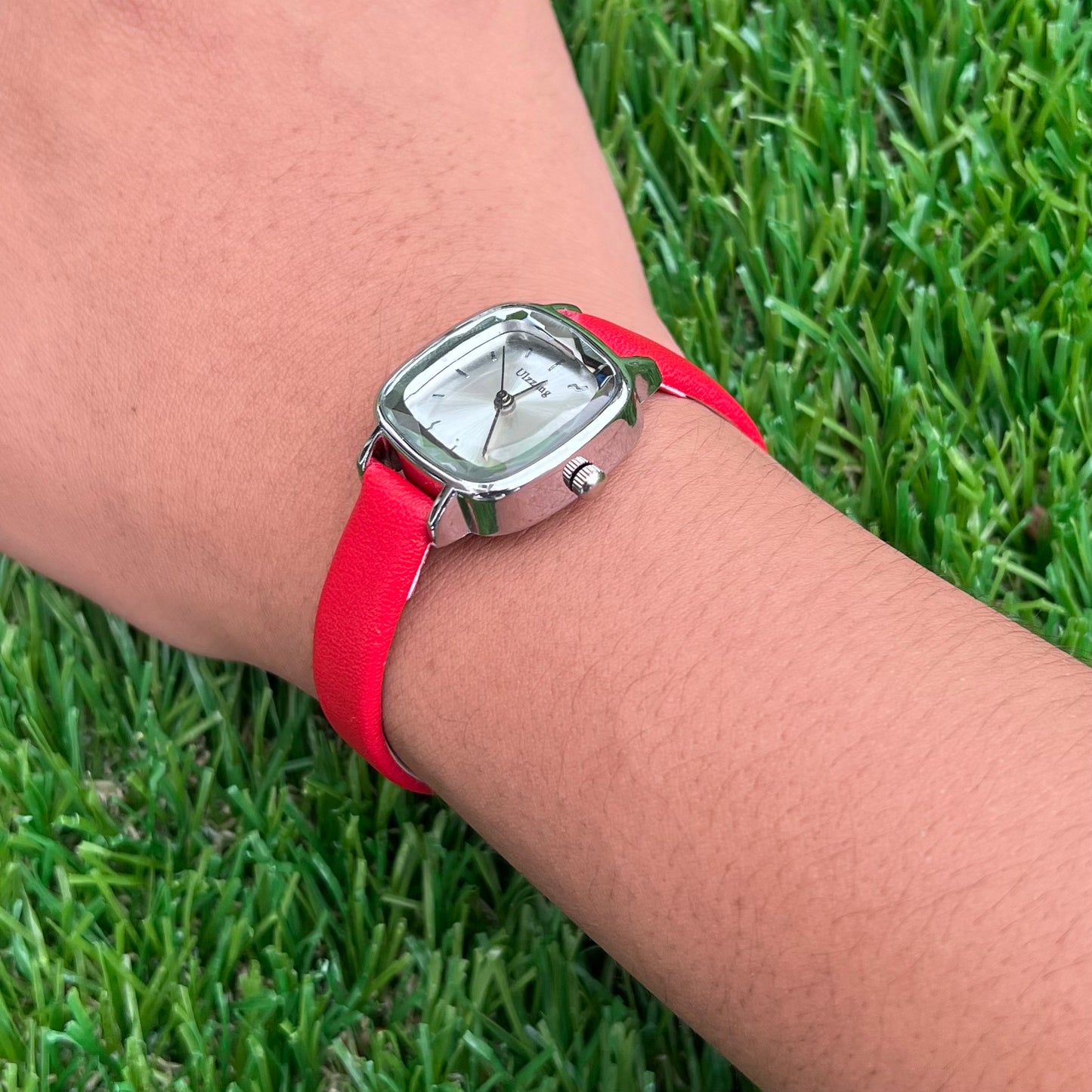 Red Leather Watch for Women Slim Design with Mother of Pearl Face and Crystal Markers