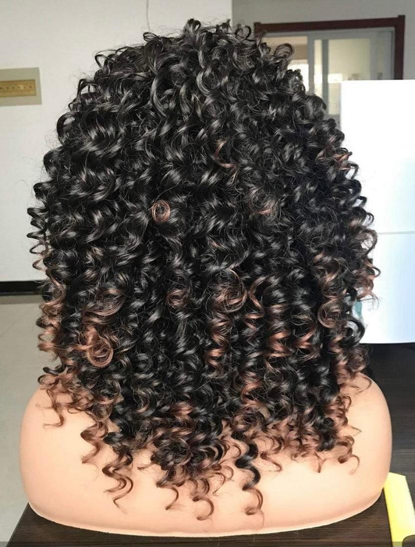 Afro Curly Wig with Bangs β Black & Warm Brown Highlights | Natural Synthetic Hair