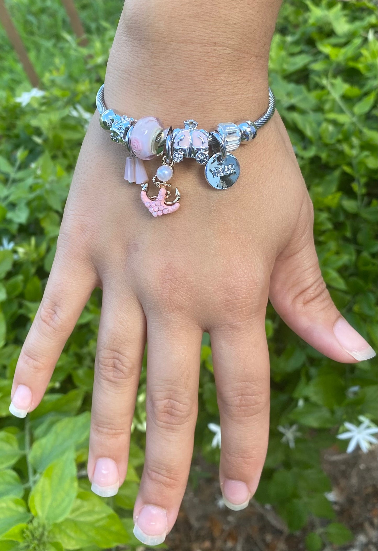 Silver Bangle Bracelet with Pink Charms and Anchor