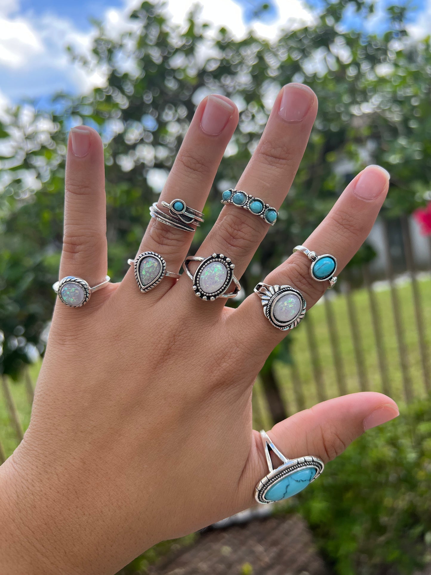 Vintage Alloy Inlaid Turquoise Geometric Ring Set of 8 silver
