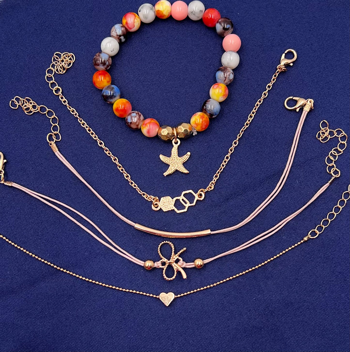 Jade And Beaded crystals Starfish Fivelayer Bracelet Bow Knot Love Geometric Alloy Bracelet Set Gold plated