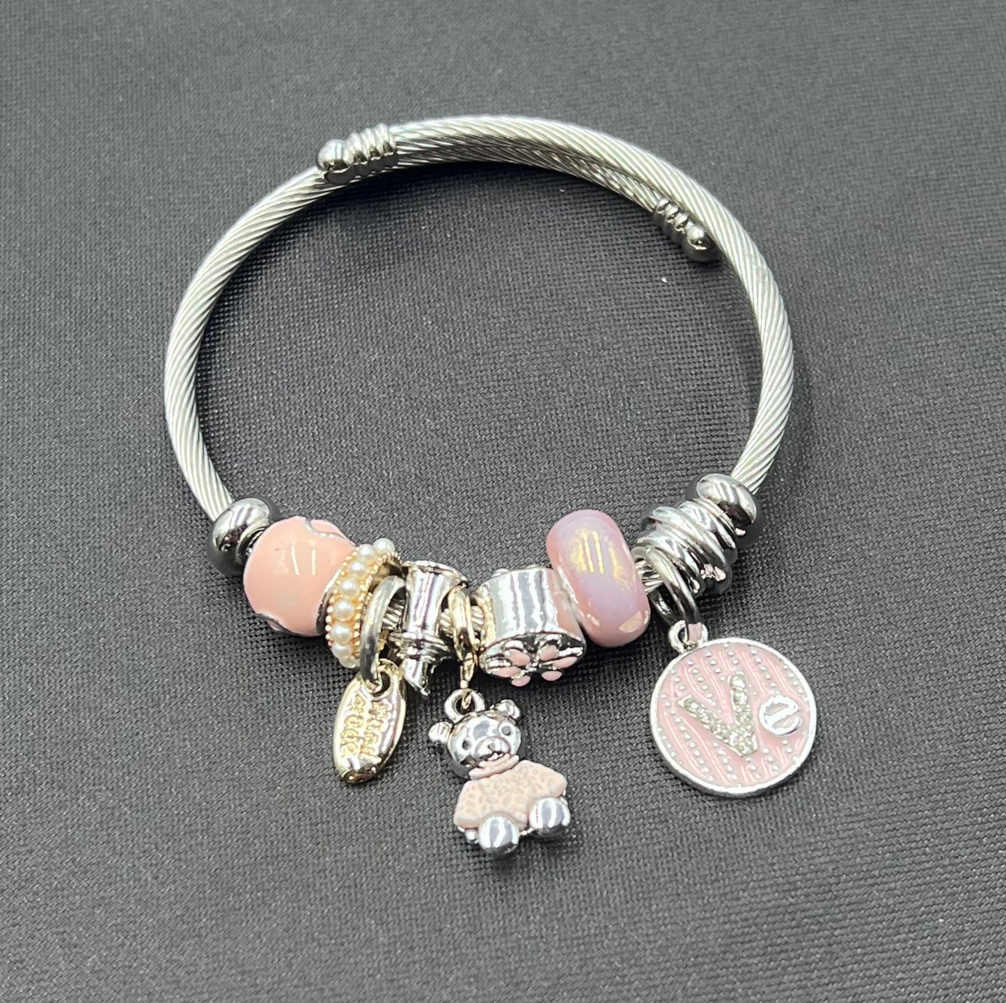 Silver Charm Bangle Bracelet –Cute Bear, Beads & Crystal Accents | Adjustable Alloy Jewelry