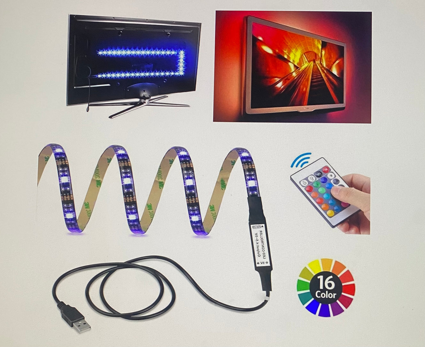 2ft USB Powered LED Light Strips TV Backlight Ambient Light with Remote Control 3Pcs Pre-cut