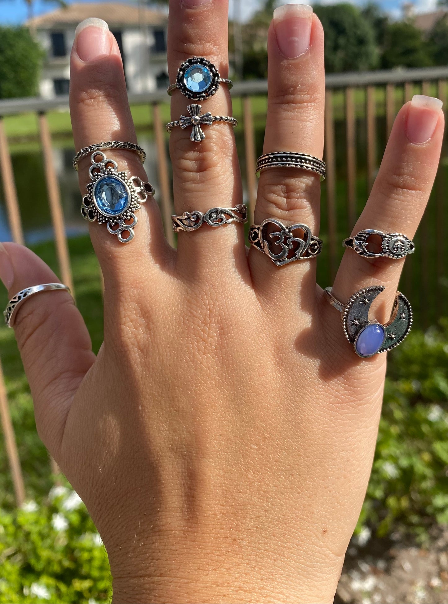 10-Piece Vintage Ring Set for Women β Blue Diamond, Horn, Cross & Sun Boho Designs