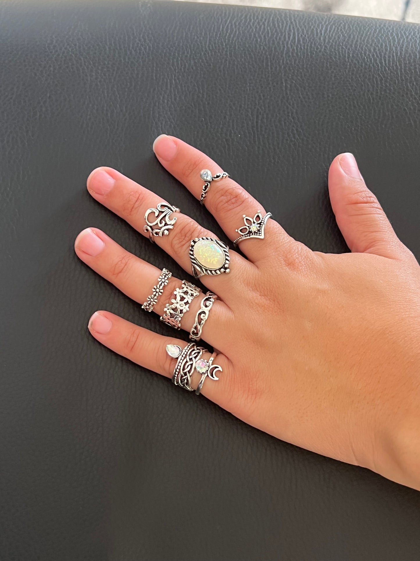 Bohemia Opal Diamond Flower Geometric 10 piece Ring Set