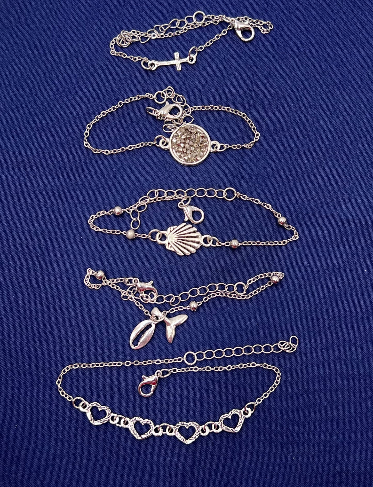 5-Piece Silver Plated Bracelet Set β Cross, Shell, Heart, Mermaid Tail & Cactus Charms for Women