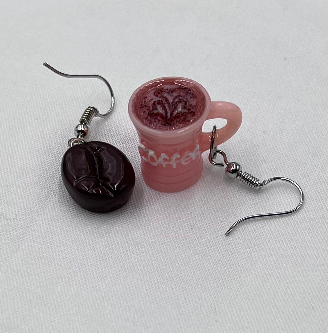 Pink Asymmetric Coffee Bean & Cup Dangle Earrings – Creative Drop Hook Jewelry Gift for Women